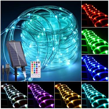 Imagem de Hozplex Luzes de corda solar de 8,5 m, à prova d'água, luz de trampolim que muda de 18 cores, alimentada por energia solar e USB com controle remoto, multicolorido, 100 LED, cordão de iluminação
