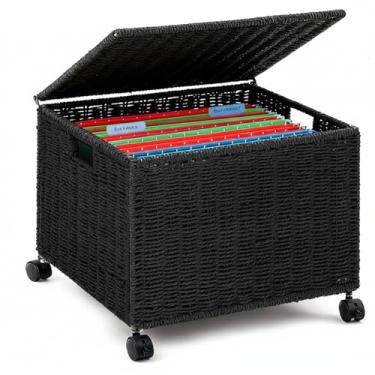 Imagem de Cinnvoice Grande caixa de arquivo decorativa de algas marinhas organizador de arquivos de vime para carta e tamanho ofício, cesta de arquivo suspensa com tampa, pasta de documentos, gabinete doméstico