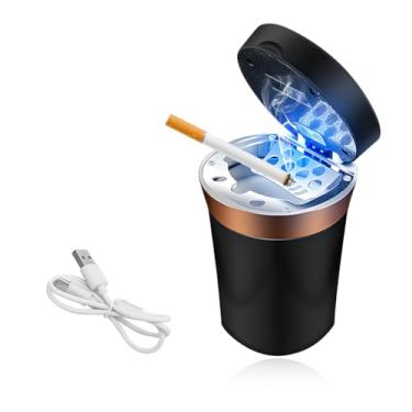 Imagem de NYTKL Cinzeiro de carro, alimentado por energia solar/recarregável por USB com isqueiro eletrônico, cinzeiro removível com tampa e luz azul LED para suporte de copo de carro, escritório em casa (preto