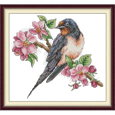 Imagem de CrossNest Kit de ponto cruz com contagem de animais de 14 quilates para iniciantes, conjunto completo de bordado DIY não impresso com padrão e ferramentas, pano Aida premium e fios (pássaro flor de