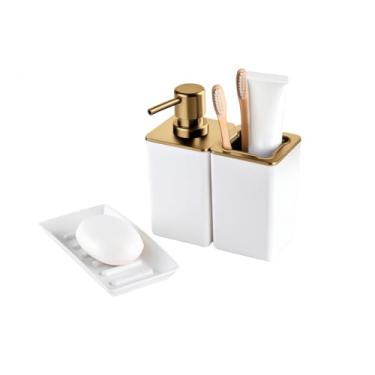 Imagem de Kit Banheiro Arthi com 3 Peças | Dispenser para Álcool ou Sabonete Líquido | Porta Escovas de Dente | Saboneteira para Sabão em Barra | Design Compacto, Funcional e Sofisticado | Lavabos Banheiros