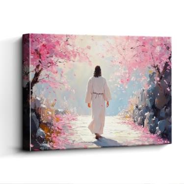 Imagem de WOXZQ Arte de parede de Jesus, andando sob as flores de cerejeira na primavera, estilo de pintura a óleo impressionista, decoração de casa cristã, impressão em tela laminada sem moldura, 38 x 30 cm