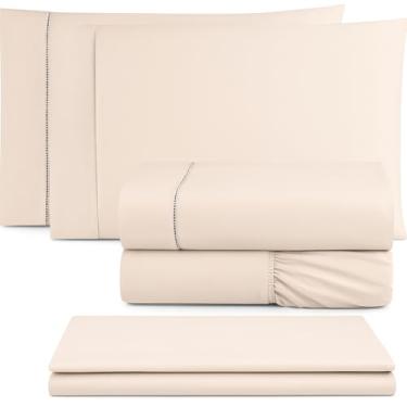 Imagem de Jogo de Lençóis Premium em Algodão, Cor Bege, Design Clássico, Tecido Macio