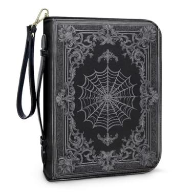 Imagem de QOPECUOY Capa bíblica masculina com teia de aranha preta, bolsa de mão vintage com estampa de flores para mulheres e homens, protetor de bíblia de couro leve com alça de pulso removível, acessórios