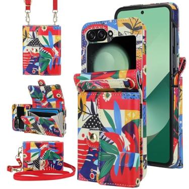 Imagem de LazyGoose Capa tipo carteira transversal para Samsung Galaxy Z Flip 6 acordeão, 4 compartimentos para cartão, bloqueio de RFID e 3 alças - Arte floral vibrante fofa e colorida florescendo na moda