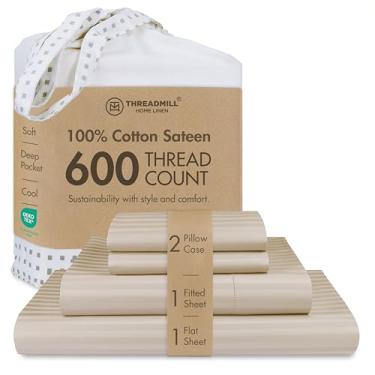 Imagem de Jogo de cama Cal king size Threadmill 100% algodão 600 fios, para colchões altos de 40,5 cm, em cetineta listrada adamascada com efeito refrescante, 4 peças, bege
