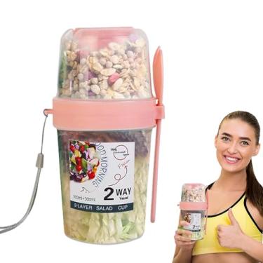 Imagem de Recipiente de aveia durante a noite | Recipientes de cereais portáteis de duas camadas | Copo de salada fácil de transportar com suporte para molho para aveia, pudins, frutas, leite, iogurte Hunya