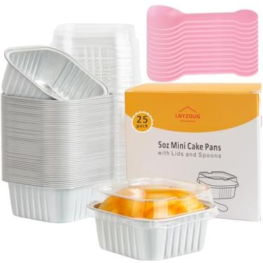Imagem de LNYZQUS Mini formas para assar bolos de 142 g com tampas, pacote com 25, copos de cupcake de alumínio, latas quadradas, pequenos recipientes de brownie, ramequins descartáveis, forros de cupcake