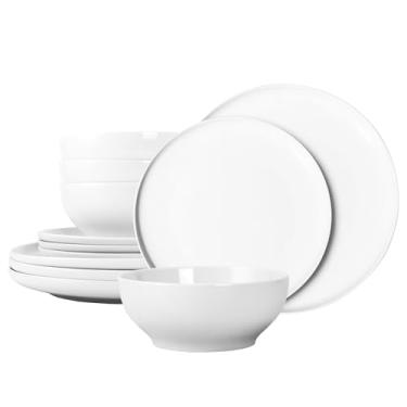 Imagem de QUANSHANGJU Conjunto de louça de 12 peças para 4, pratos e tigelas de porcelana branca, resistente a lascas, lavável no micro-ondas