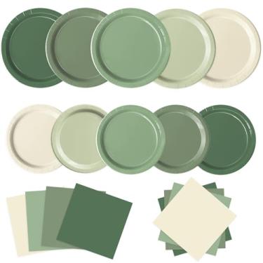 Imagem de Oigco 150 peças de pratos de papel verde sálvia, decorações de aniversário verde sálvia, pratos e guardanapos descartáveis para aniversário, casamento, chá de bebê, suprimentos de festa, serve 50