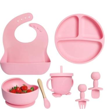 Imagem de Baby Feeding Premium, Kit Introdução Alimentar 8 Peças, Rosa, Silicone Antitóxico, Prato Divisória, Bowl, Babador, Copo com Tampa e Canudo, Talheres com Ponta Silicone