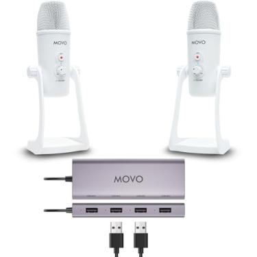 Imagem de Movo Pacote de equipamentos de podcasts USB para 2 – Interface USB com 2 microfones condensadores UM700 – Hub alimentado por 4 portas para streaming, podcasts, entrevistas (branco)