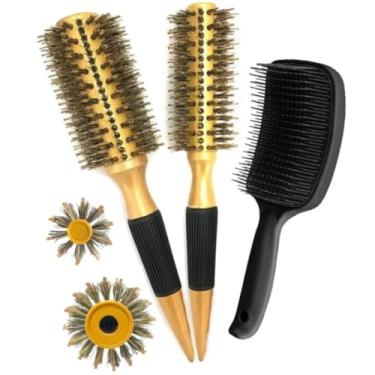 Imagem de Kit 2 Escovas Profissionais Cabelo Cerdas Javali + Raquete amarelas (ESCROJK1016/RAQUE)