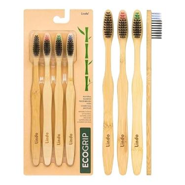 Imagem de Escova de dentes de bambu Lindo EcoGrip – cerdas de fibra macia alemã, orgânica, biodegradável e 100% reciclável, multicolorida – Pacote com 4