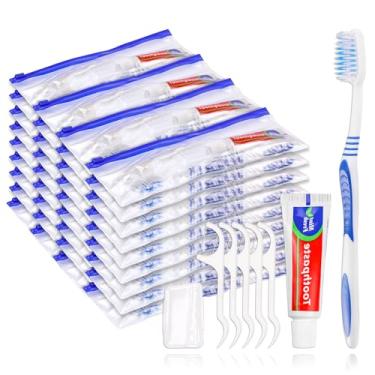 Imagem de SLequipo Conjunto de escova de dentes e pasta de dente descartável, kit de viagem com bolsa de plástico com zíper, capa de cabeça de escova de dentes, palheta de fio dental, pasta de dente de 25