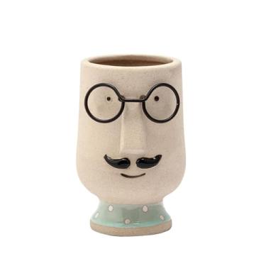 Imagem de Napco Óculos Bigode Face Design 10,8 x 5,7 x 5,7 cm Bege Preto Verde Cerâmica Flor Suculenta Planta Vaso Suporte para Vaso de Plantas, Decoração de Jardim Interior e Exterior