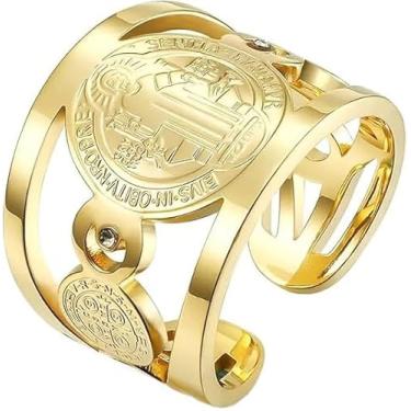 Imagem de Anel de medalha de São Bento, design religioso com cristais de aço inoxidável, Aço inoxidável, Sem pedra preciosa