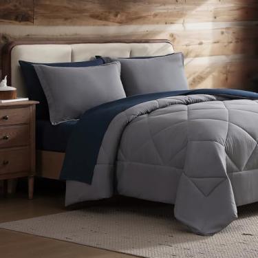 Imagem de Coleman Conjunto de edredom Queen reversível, opções de cores frente e verso, edredom para todas as estações, fronhas + lençóis, perfeito para uso em casa, cabine ou acampamento, azul marinho/cinza