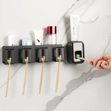 Imagem de Suporte de escova de dentes com dispensador de pasta de dente, organizador de escova de dentes montado na parede com 4 compartimentos, armazenamento de escova de dentes autoadesivo com espremedor