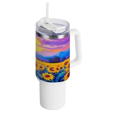 Imagem de Kigai Copo de 1,134 g com tampa e canudo, pintura a óleo de girassol, durável, à prova de vazamento, copo isolado de aço inoxidável com alça, garrafas de água à prova de derramamento para viagens