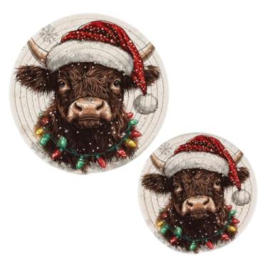 Imagem de Wassud Conjunto de trivet Highland Cow in a Santa Hat para pratos quentes, suportes redondos de algodão, almofadas quentes, porta-copos elegantes, decoração de cozinha e acessórios, 2 peças