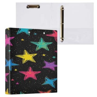 Imagem de CEBUGI Fichário de 3 anéis de estrelas coloridas de 3 cm comporta 200 folhas, pastas com 3 bolsos transparentes de PVC para escritório, 31,5 x 27 x 6 cm, 1 pacote