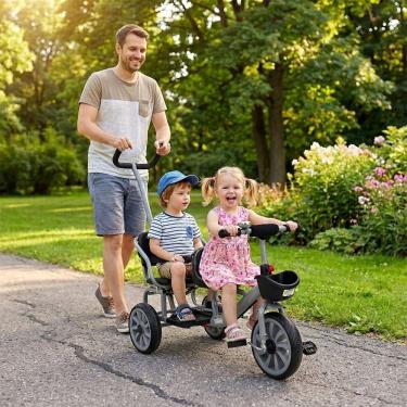 Imagem de Triciclo Duplo Infantil 2 Lugares com Empurrador Tipo Carrinho Bicicleta Passeio Cesto Campainha e Haste Guia