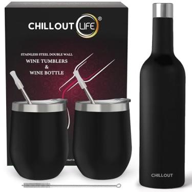 Imagem de CHILLOUT LIFE Copos de vinho de aço inoxidável de 350 ml, pacote com 2 e 1 garrafa de vinho isolada - Conjunto de copos de vinho isolados a vácuo de parede dupla com tampas e canudos, conjunto de