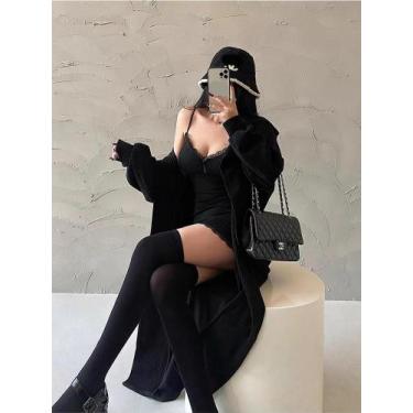 Imagem de Vestido Mini Bodycon Preto Y2K Retrô Com Renda E Alças Finas Para Mulh