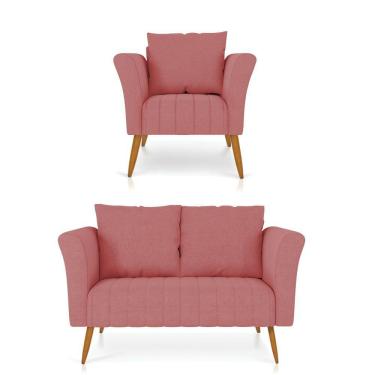 Imagem de Kit 01 Namoradeira 02 Lugares E 01 Poltrona Marilia Linho Whiski Rose A106 Pés Palito Castanho - D'rossi