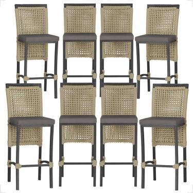Imagem de 8 Banquetas Em Alumínio Roma Preta Corda Náutica Tecido 11 Rami