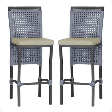 Imagem de 2 Banqueta Em Alumínio Roma Preta Corda Náutica Tecido 7 Prata