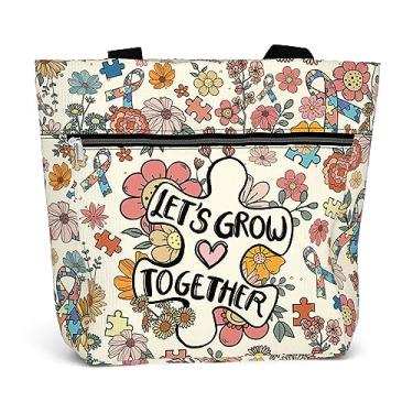 Imagem de 84hoods Bolsa grande para mulheres para o trabalho. Presente de fita de conscientização do autismo. Bolsa de ombro estética com bolsos e zíper., 2. Grow Together, Large