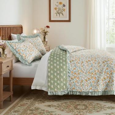 Imagem de HORIMOTE HOME Conjunto de colcha floral com babados, tamanho Queen, colchas botânicas chiques e gastas amarelas, de microfibra macia, leve, reversível, para todas as estações, conjunto de cama de 3