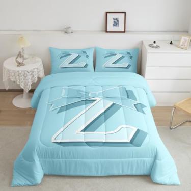 Imagem de jejeloiu Jogo de cama infantil Kawaii com laço azul, tamanho infantil, letra Z, fofo, laço de coquete, edredom macio, monograma, letra Z, decoração de quarto