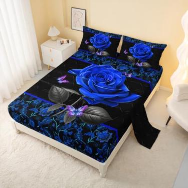 Imagem de AILONEN Jogo de cama king com rosa azul, flores românticas, 4 peças, preto e azul, 1 lençol de cima + 1 lençol com elástico + 2 fronhas