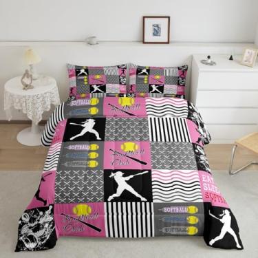 Imagem de Feelyou Conjunto de edredom de softball, tamanho Queen, para crianças, adolescentes, mulheres, presente para amantes de softball, beisebol, ultramacio, com tema esportivo, edredom para decoração de
