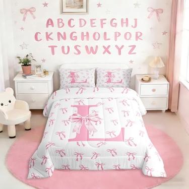 Imagem de Erosebridal Conjunto de cama com laço de desenho animado completo, com laço fofo, para crianças, meninos, meninas, rosa, monograma, G, conjunto de cama com estampa de nó e edredom