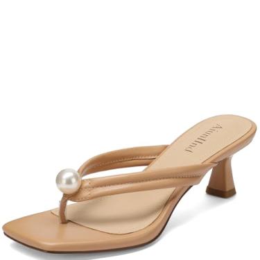 Imagem de AIUNIIND Sandálias femininas de salto gatinho quadradas, bico aberto, salto de 6 cm, sandálias elegantes com alça de pérola para festa de casamento, Nude., 39