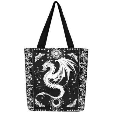 Imagem de Sacola de lona com animais selvagens, sol, lua, estrelas, galáxia, bolsas de ombro estéticas para compras, academia,, Dragão preto, 50x40