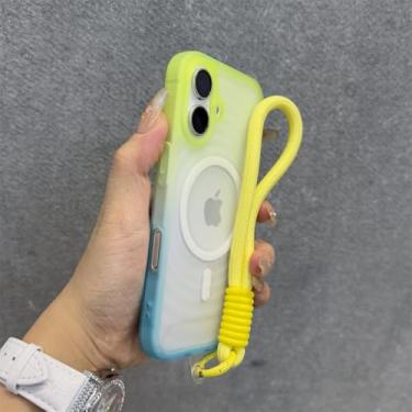 Imagem de Capa com alça de pulso magnética gradiente com efeito ondulação d'água para iPhone 12, 13, 14, 15, 16 Pro Max, fosca, translúcida e à prova de choque, amarela, para iPhone 16 Pro