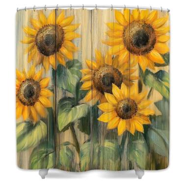 Imagem de Wathon Farmhouse Girassóis Cortina de Chuveiro Grande Girassol com Pétalas Amarelas e Folhas Verdes em Tábua de Madeira Conjunto de Banheiro Vintage Artístico Botânico Elegante Cortina de Banho com