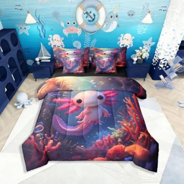Imagem de Erosebridal Jogo de cama solteiro Axolotl 3D, 7 peças, desenho animado, salamandra, corais subaquáticos, inclui edredom, conjunto de lençóis, fronhas e fronhas, decoração de quarto tropical de vida
