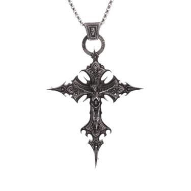 Imagem de Colar de cruz gótica para mulheres e homens, vintage, cativeiro, crânio, pingente de cruz, colar gótico, joia de festa de Halloween (prata-1)