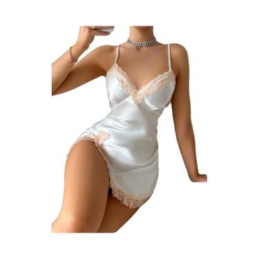 Imagem de Camisola De Verão Feminina Em Renda De Seda Satin Sem Costas Com Decot