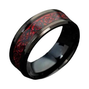 Imagem de Anel Masculino De Tungstênio Preto De 8mm Com Dragão Celta E Fibra De 