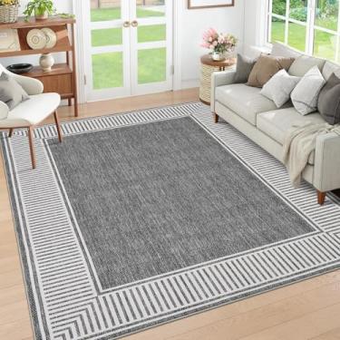 Imagem de GarveeHome Tapete com bordas 10 x 15 cm, lavável para sala de estar, moderno, listrado, tapete antiderrapante para sala de jantar, tapete contemporâneo para entrada, cozinha, berçário, cinza