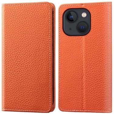 Imagem de VEVEL Capa carteira para Apple iPhone 13 (2021) 6,1 polegadas, padrão de lichia totalmente seguro capa de telefone fólio flip de couro [suporte de cartão] [suporte] (cor: laranja)