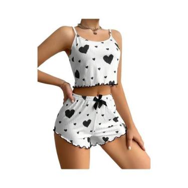 Imagem de Conjunto De Pijama Feminino Com Estampa De Coração, Top Cropped Sem Ma