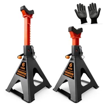Imagem de SENKEYFE Suportes de macaco de 6 toneladas (6 kg) com barras transversais, trava de pino duplo, capa de borracha, base de pé grande, altura ajustável de 38 a 55 cm, suportes de macaco de carro